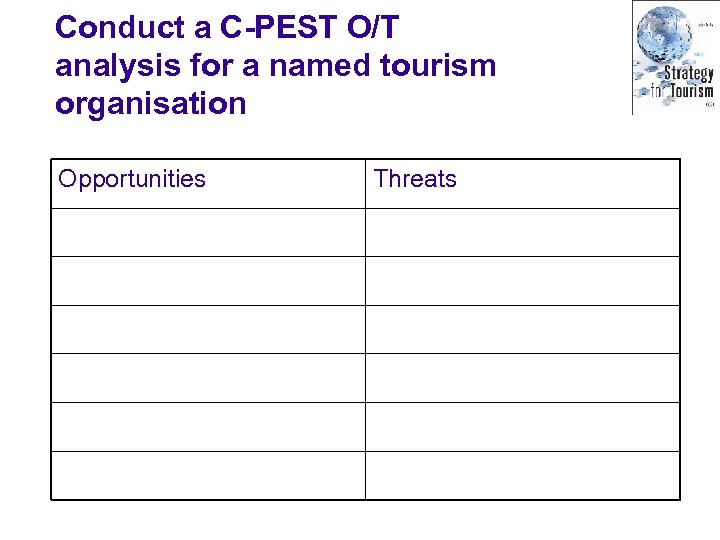 Conduct a C-PEST O/T analysis for a named tourism organisation Opportunities Threats 