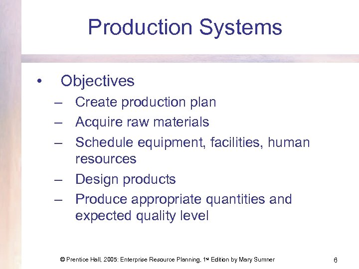 Production Systems • Objectives – Create production plan – Acquire raw materials – Schedule