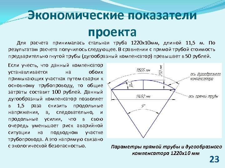 Экономические показатели проекта Для расчета принималась стальная труба 1220 х10 мм, длиной 11, 5