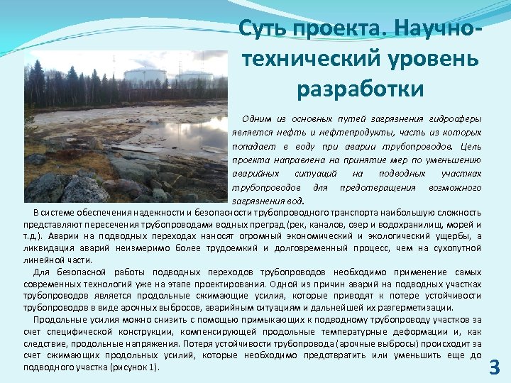 Суть проекта. Научнотехнический уровень разработки Одним из основных путей загрязнения гидросферы является нефть и
