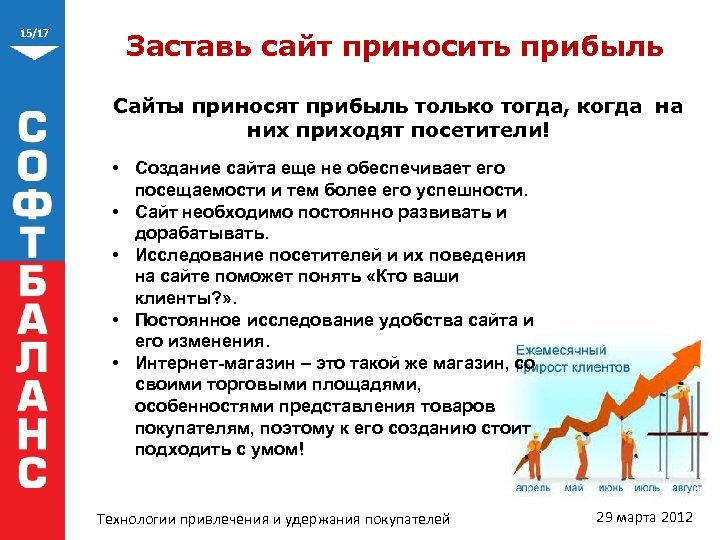 15/17 Заставь сайт приносить прибыль Сайты приносят прибыль только тогда, когда на них приходят