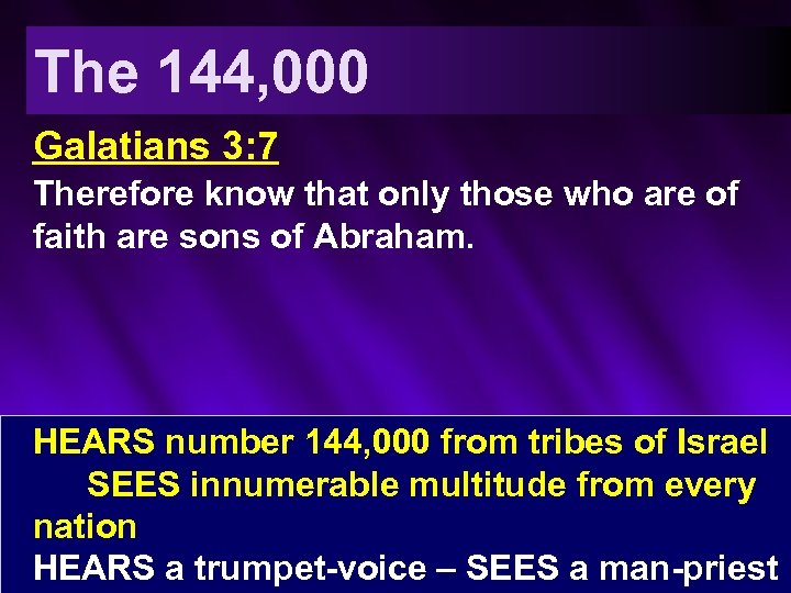 The 144, 000 Galatians 3: 7 Therefore know that only those who are of