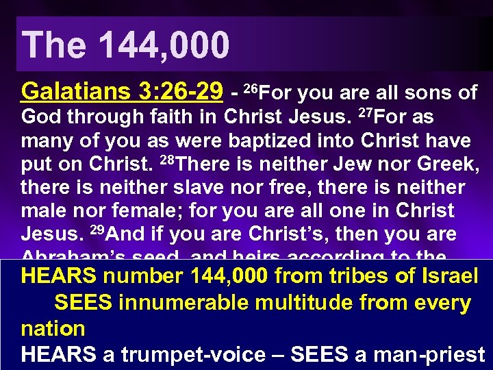 The 144, 000 Galatians 3: 26 -29 - 26 For you are all sons