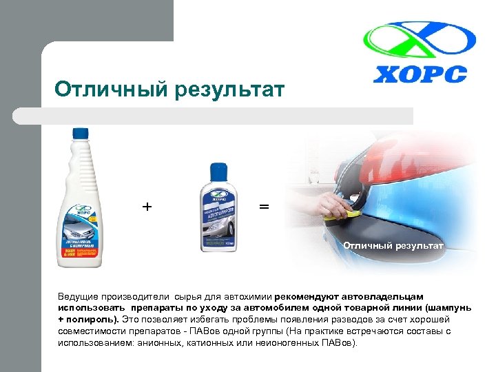 Отличный результат + = Отличный результат Ведущие производители сырья для автохимии рекомендуют автовладельцам использовать