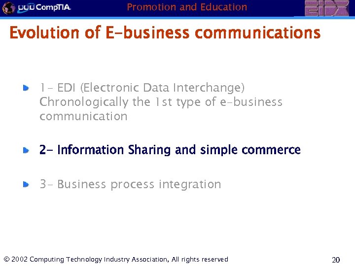 Promotion and Education Evolution of E-business communications 1 - EDI (Electronic Data Interchange) Chronologically