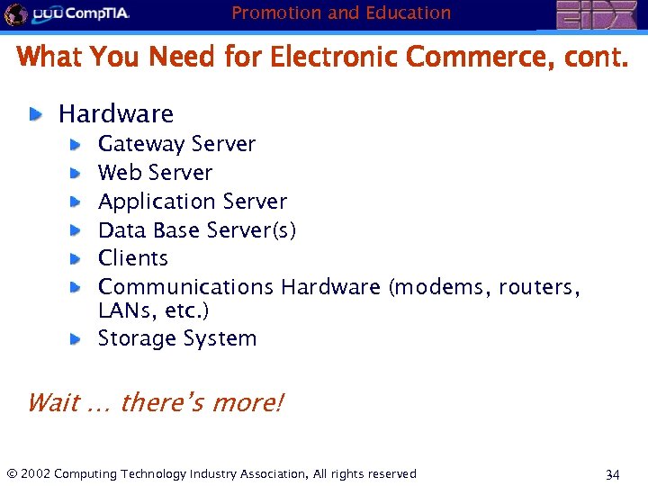 Promotion and Education What You Need for Electronic Commerce, cont. Hardware Gateway Server Web