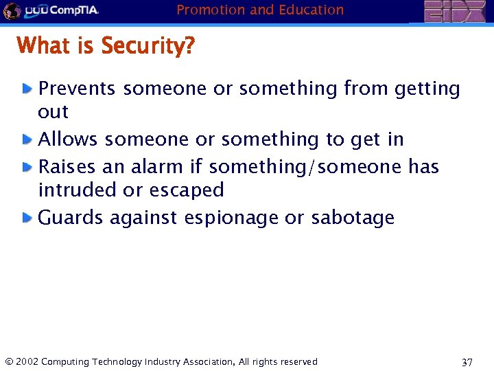 Promotion and Education What is Security? Prevents someone or something from getting out Allows