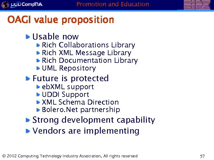 Promotion and Education OAGI value proposition Usable now Rich Collaborations Library Rich XML Message