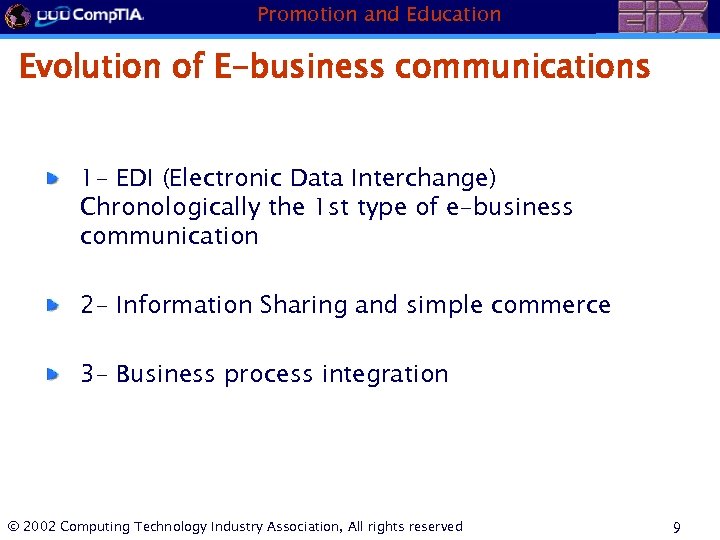 Promotion and Education Evolution of E-business communications 1 - EDI (Electronic Data Interchange) Chronologically
