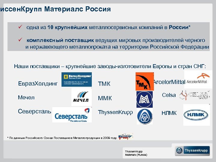 иссен. Крупп Материалс Россия ü одна из 10 крупнейших металлосервисных компаний в России* ü