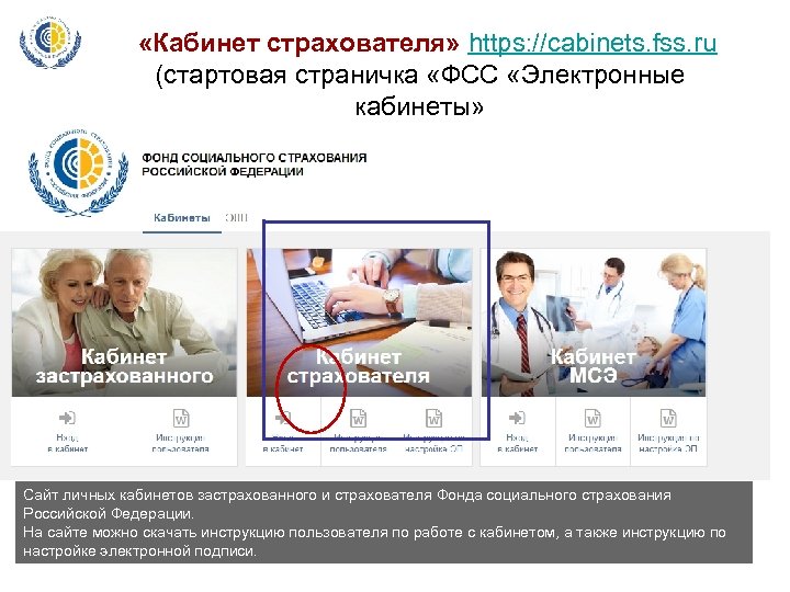  «Кабинет страхователя» https: //cabinets. fss. ru (стартовая страничка «ФСС «Электронные кабинеты» Сайт личных