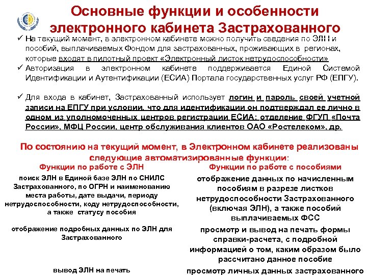 Основные функции и особенности электронного кабинета Застрахованного ü На текущий момент, в электронном кабинете