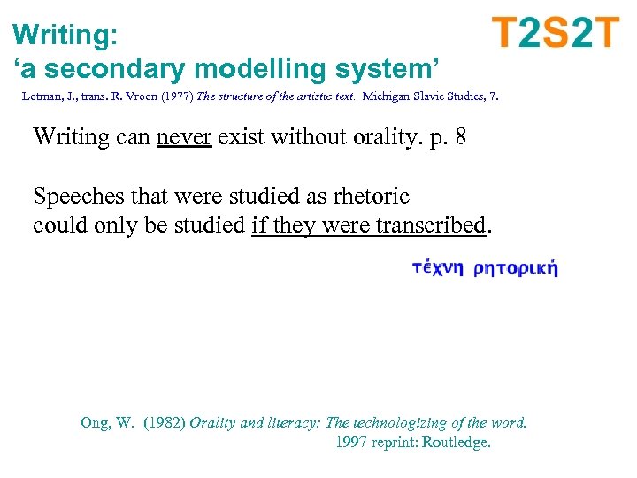 Writing: ‘a secondary modelling system’ Lotman, J. , trans. R. Vroon (1977) The structure