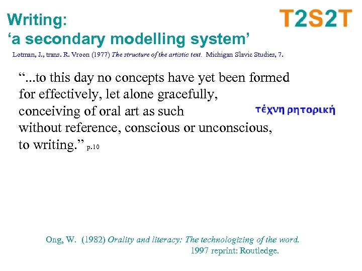 Writing: ‘a secondary modelling system’ Lotman, J. , trans. R. Vroon (1977) The structure