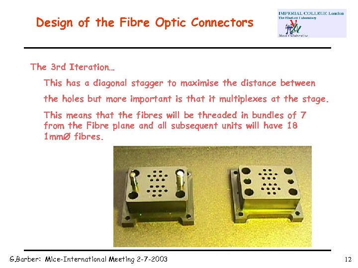 Design of the Fibre Optic Connectors The 3 rd Iteration… This has a diagonal