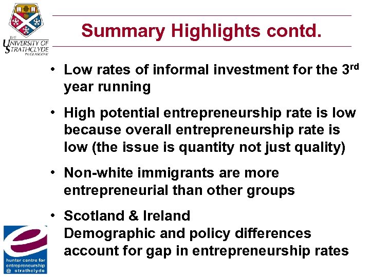 Summary Highlights contd. • Low rates of informal investment for the 3 rd year