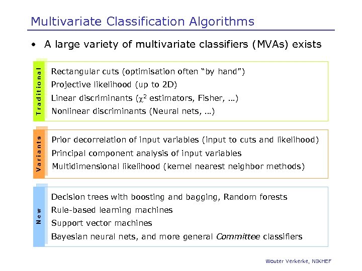 Multivariate Classification Algorithms Traditional Rectangular cuts (optimisation often “by hand”) Variants • A large