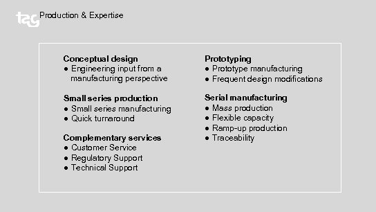 Production & Expertise Conceptual design ● Engineering input from a manufacturing perspective Prototyping ●