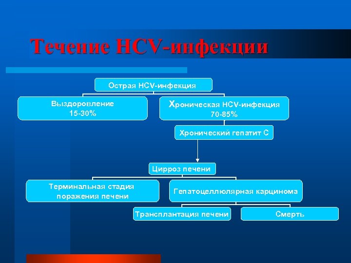 Течение HCV-инфекции Острая HCV-инфекция Выздоровление 15 -30% Хроническая HCV-инфекция 70 -85% Хронический гепатит С