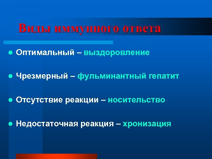 Виды иммунного ответа l Оптимальный – выздоровление l Чрезмерный – фульминантный гепатит l Отсутствие
