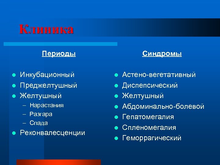Клиника Периоды Синдромы Инкубационный l Преджелтушный l Желтушный l – Нарастания – Разгара –