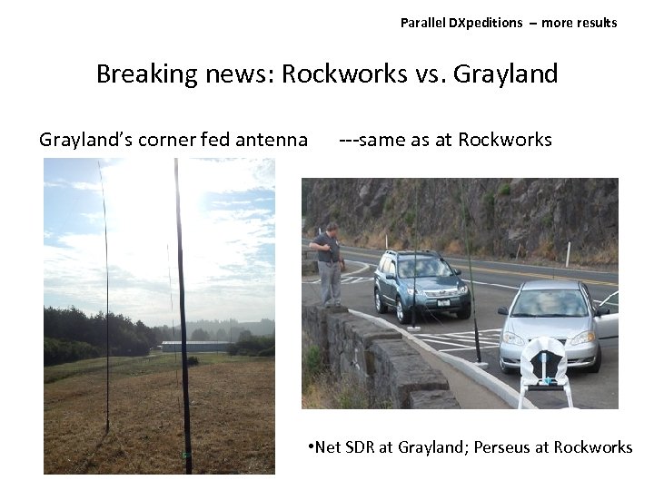 Parallel DXpeditions ‐‐ more results Breaking news: Rockworks vs. Grayland’s corner fed antenna ---same