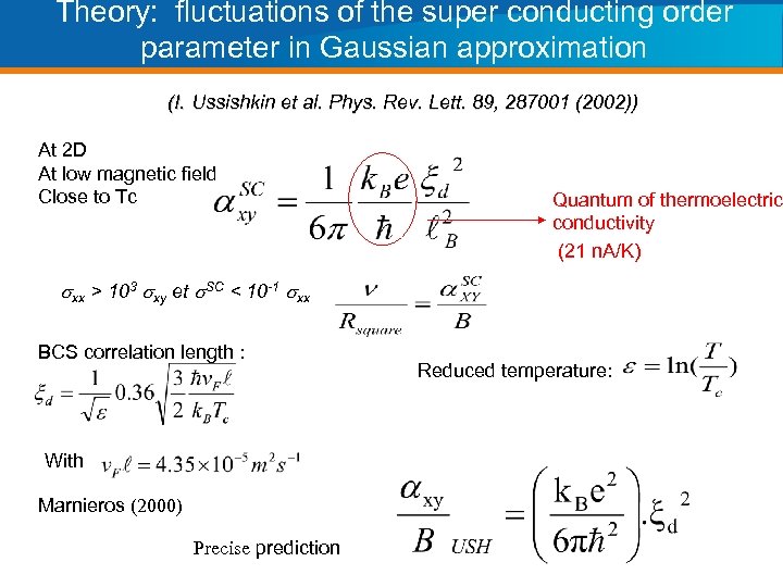 Theory: fluctuations of the super conducting order parameter in Gaussian approximation (I. Ussishkin et