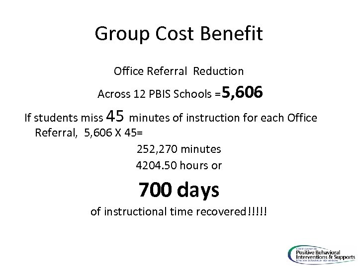 Group Cost Benefit Office Referral Reduction Across 12 PBIS Schools =5, 606 If students
