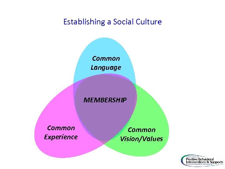 Establishing a Social Culture Common Language MEMBERSHIP Common Experience Common Vision/Values 
