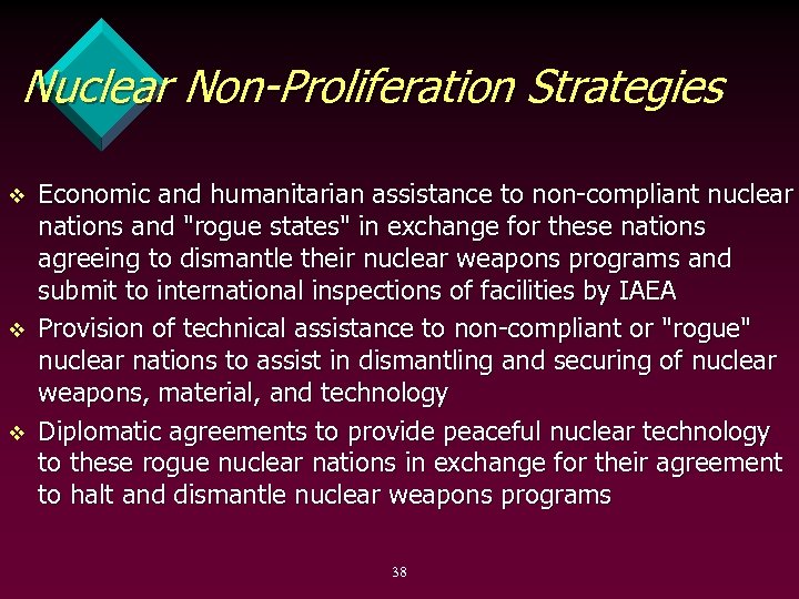 Nuclear Non-Proliferation Strategies v v v Economic and humanitarian assistance to non compliant nuclear