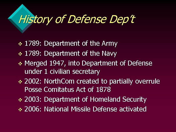 History of Defense Dep’t 1789: Department of the Army v 1789: Department of the
