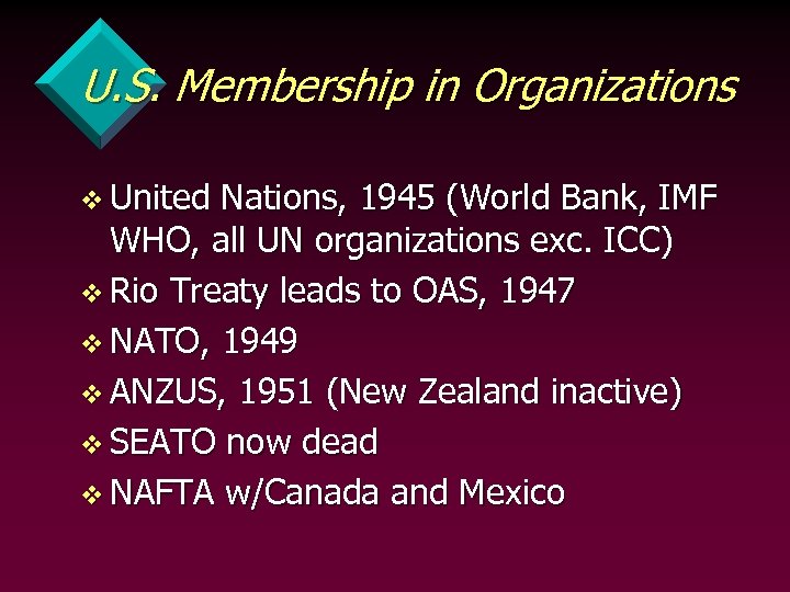 U. S. Membership in Organizations v United Nations, 1945 (World Bank, IMF WHO, all
