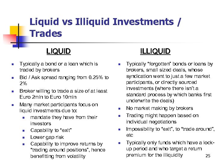 Liquid vs Illiquid Investments / Trades LIQUID n n Typically a bond or a