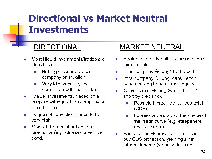 Directional vs Market Neutral Investments DIRECTIONAL n n Most illiquid investments/trades are directional n