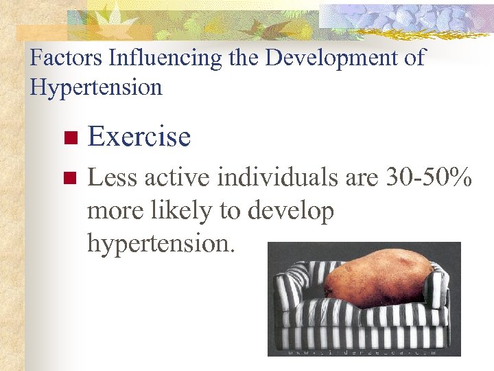 Factors Influencing the Development of Hypertension n Exercise n Less active individuals are 30