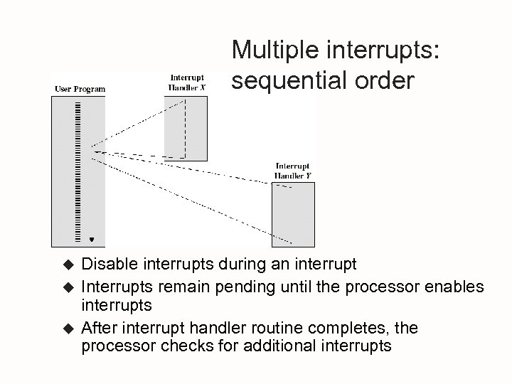 Multiple interrupts: sequential order u u u Disable interrupts during an interrupt Interrupts remain