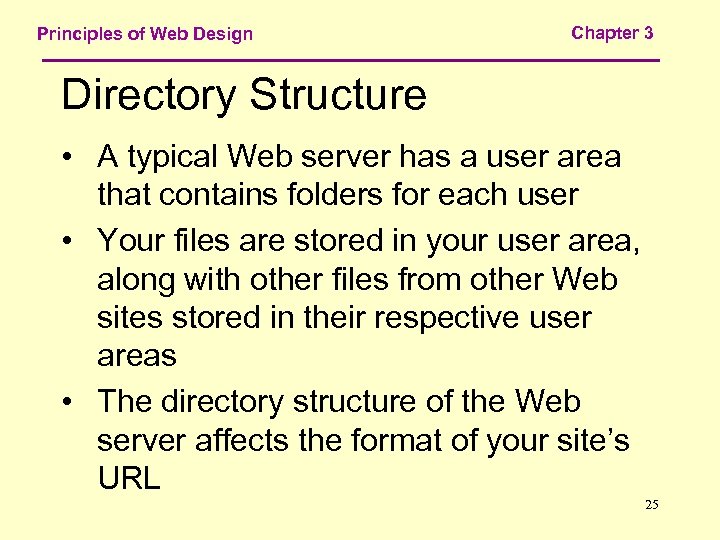 Principles of Web Design Chapter 3 Directory Structure • A typical Web server has