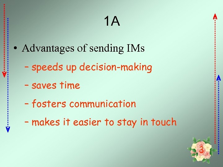 1 A • Advantages of sending IMs – speeds up decision-making – saves time