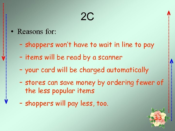 2 C • Reasons for: – shoppers won’t have to wait in line to