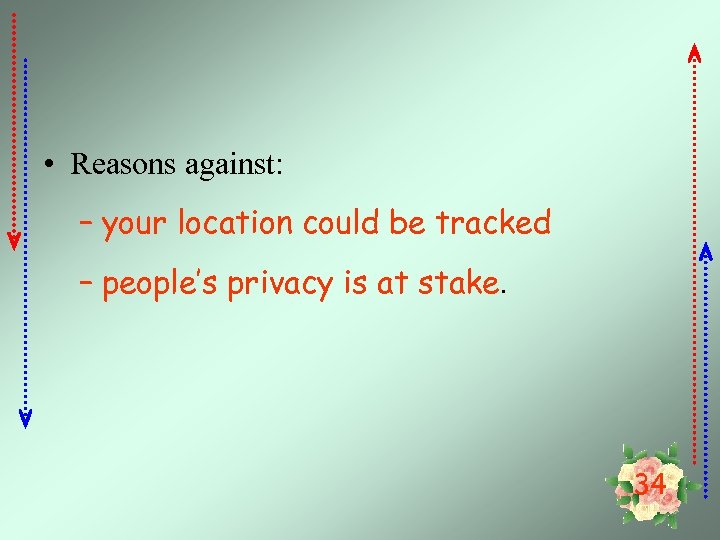  • Reasons against: – your location could be tracked – people’s privacy is