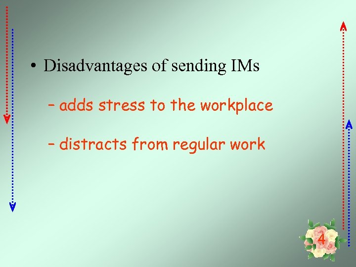  • Disadvantages of sending IMs – adds stress to the workplace – distracts