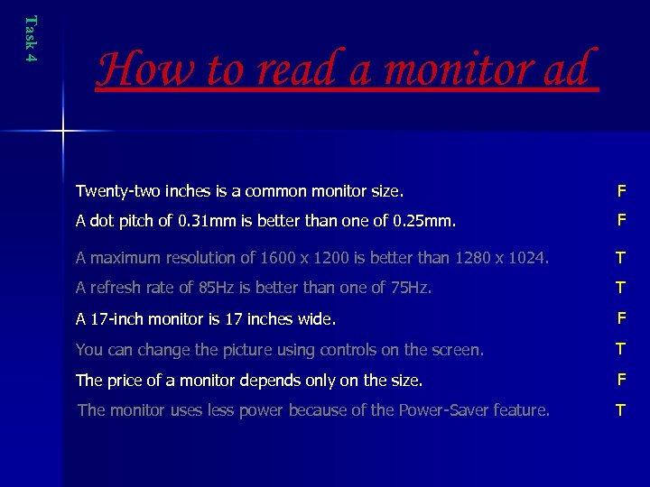 Task 4 How to read a monitor ad Twenty-two inches is a common monitor