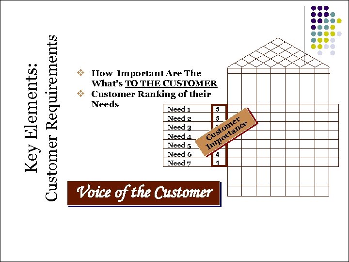 Customer Requirements Key Elements: v How Important Are The What’s TO THE CUSTOMER v
