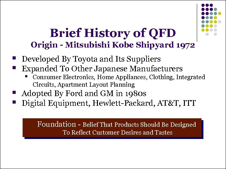 Brief History of QFD Origin - Mitsubishi Kobe Shipyard 1972 § § Developed By