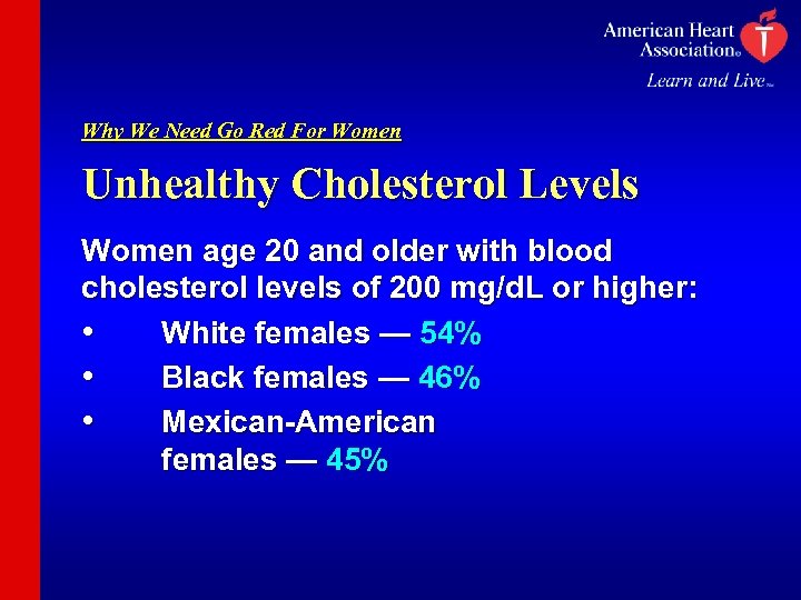Why We Need Go Red For Women Unhealthy Cholesterol Levels Women age 20 and