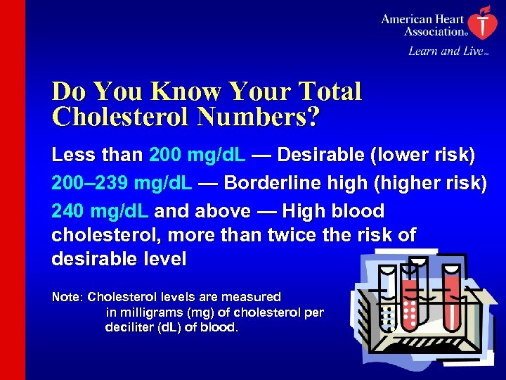 Do You Know Your Total Cholesterol Numbers? Less than 200 mg/d. L — Desirable