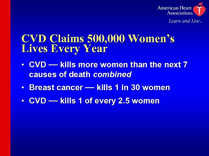 CVD Claims 500, 000 Women’s Lives Every Year • CVD — kills more women