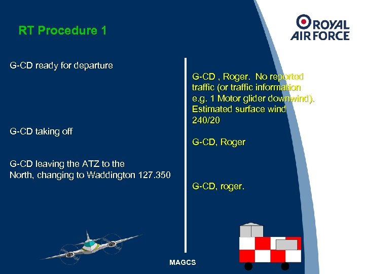 RT Procedure 1 G-CD ready for departure G-CD , Roger. No reported traffic (or