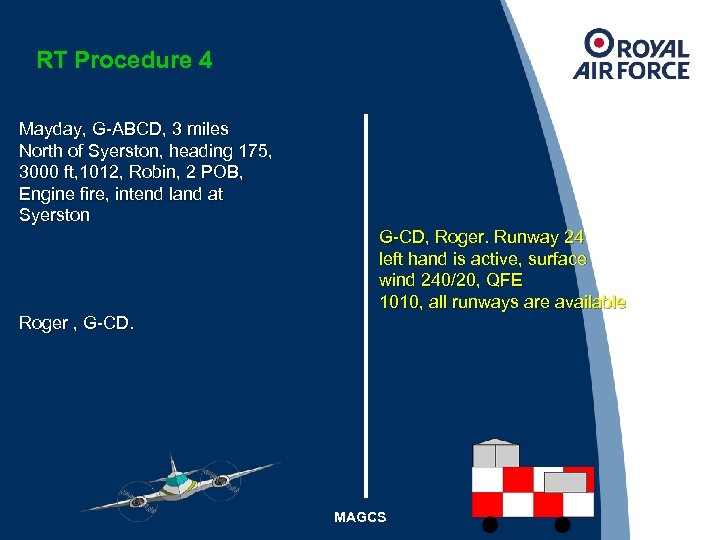 RT Procedure 4 Mayday, G-ABCD, 3 miles North of Syerston, heading 175, 3000 ft,