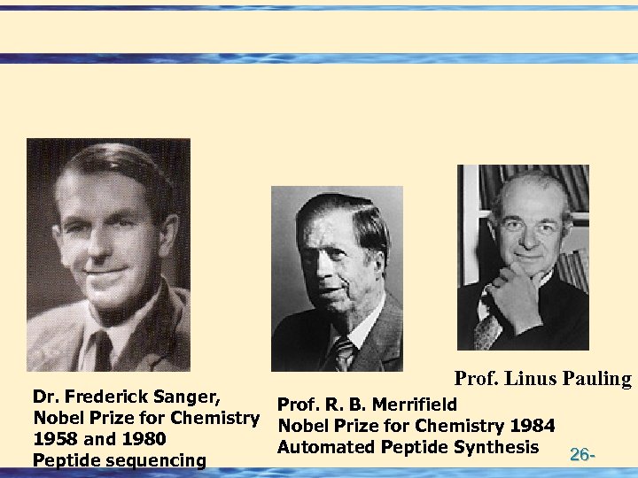  Prof. Linus Pauling Dr. Frederick Sanger, Prof. R. B. Merrifield Nobel Prize for
